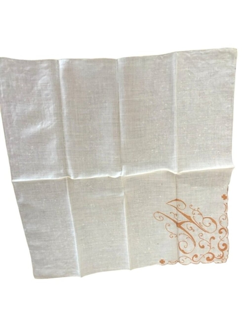 Vintage White Linen Handkerchief Brown Floral Embroidery Cottagecore Pastoral